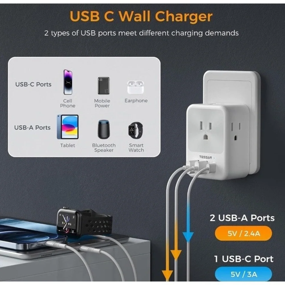 (22)Italy Power Adapter 2 Pack, TESSAN Italy Travel Plug Adapter with 4 Outlets